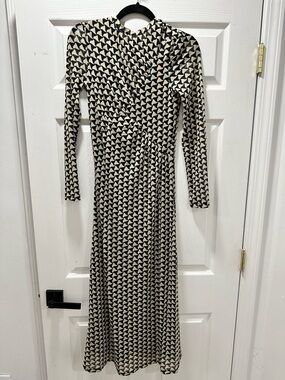 Black and Cream Long Sleeve Wrap Midi Dress